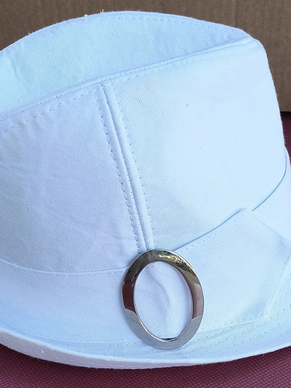 attention White Bucket Hat with Silver Ring Accent